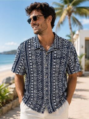 Tommy Bahama Navy and White Geometric Short-Sleeve Button-Up Shirt